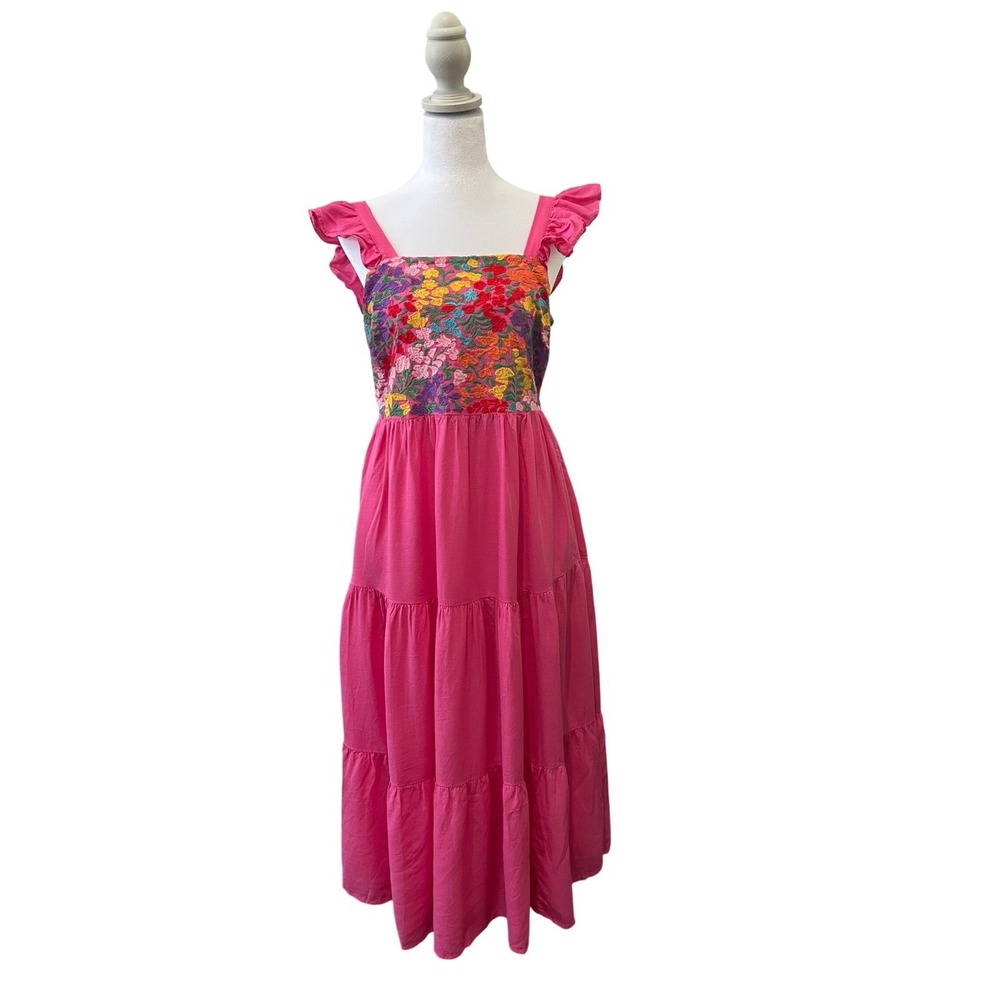 J Marie‎ Embroidered Floral Midi Dress Pink Ruffle Tiered Women's Small Resort